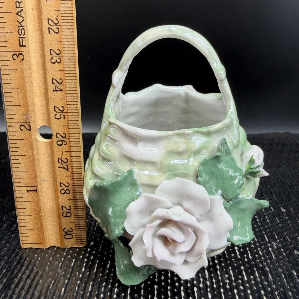 Vintage Germany Miniature Porcelain Flower Basket White Rose Figurine Delicate‎